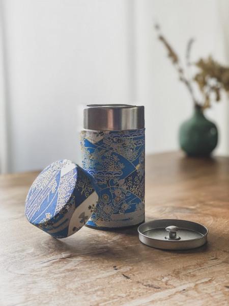 Boite à thé papier Washi bleues - fleurs dorées - 100G